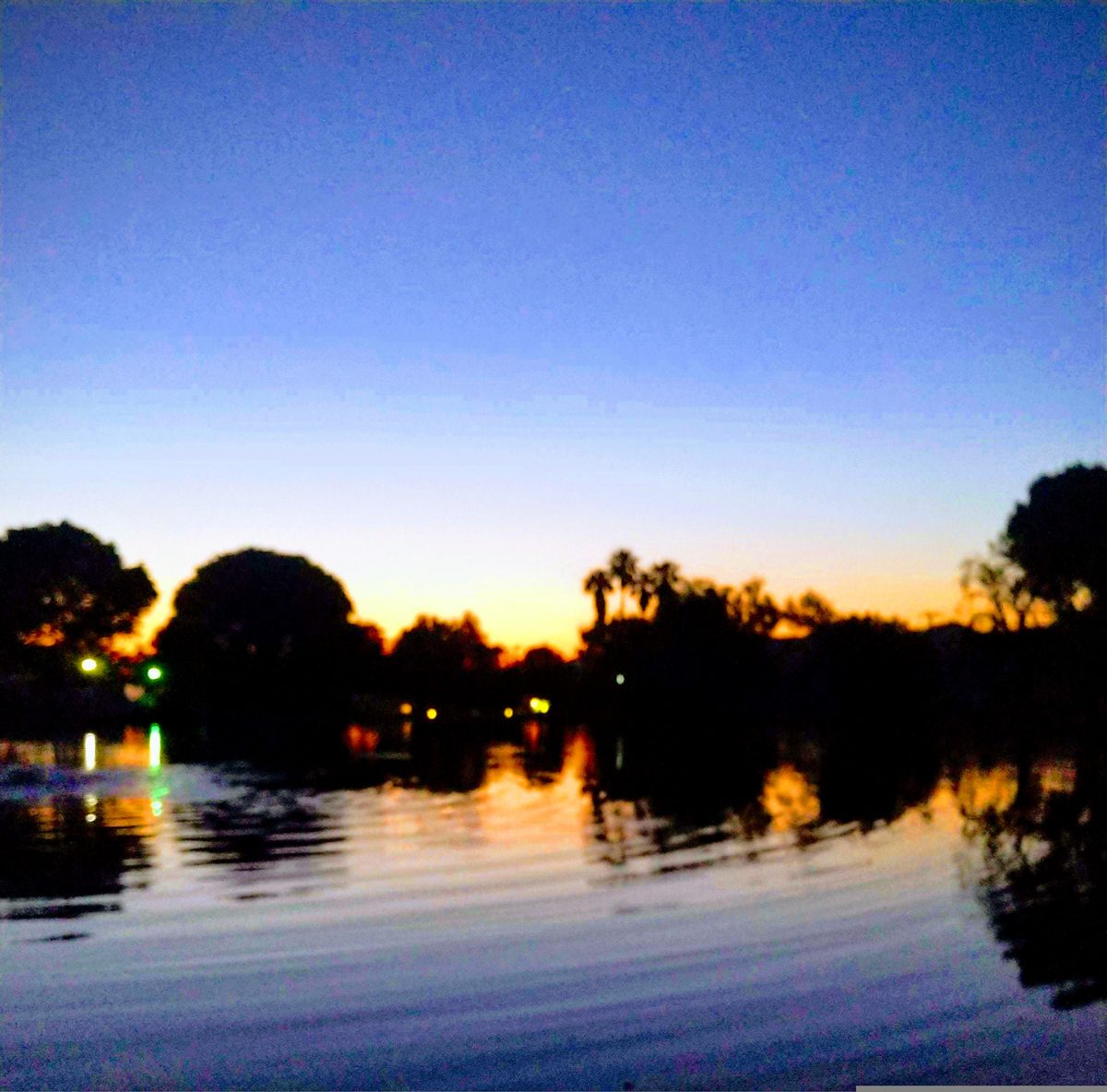 A pond at blue-hour dusk, the last orange light low behind silhouetted trees, mirrored in still water